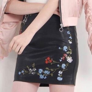 Haute Rogue black floral vegan leather embroidered skirt